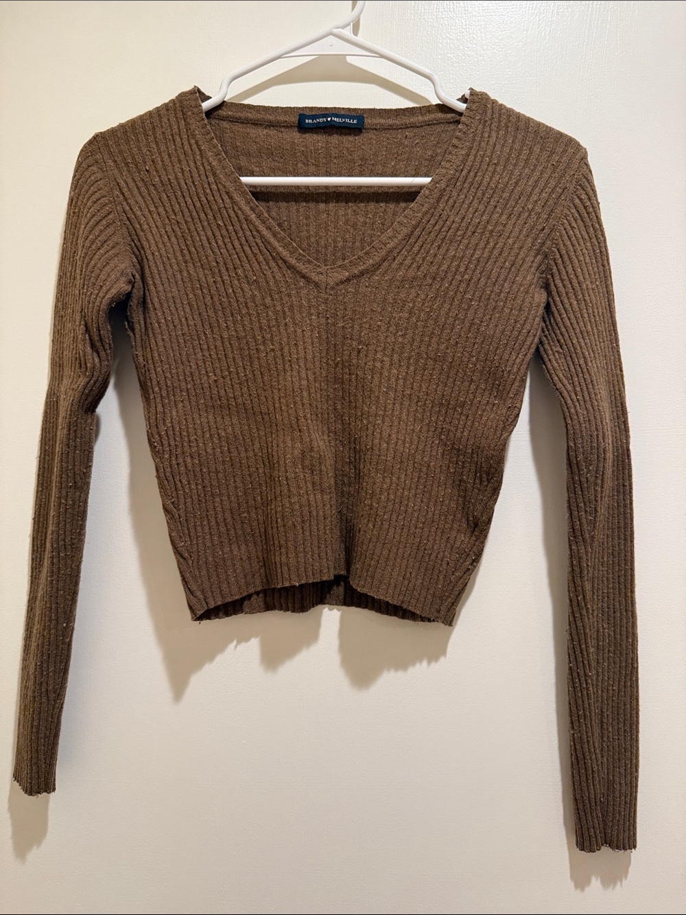 Brandy Melville Brown Ribbed V-Neck Cropped Top